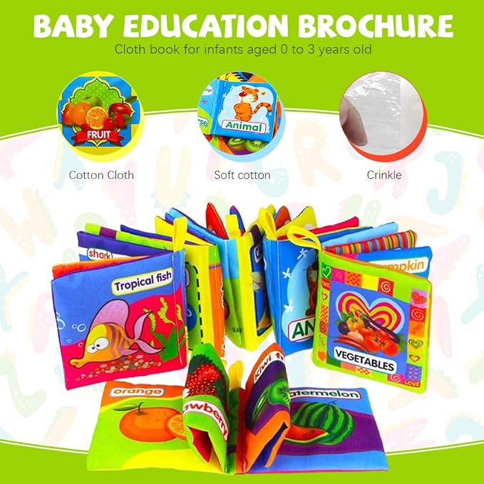Intellibaby 6-Book Set – Soft Sensory Cloth Books for Babies, Crinkle Sound & Washable, Early Learning Themes Animals,Fruits,Numbers,Non-Toxic & Educator Recommended,Gift for Babies & Toddlers