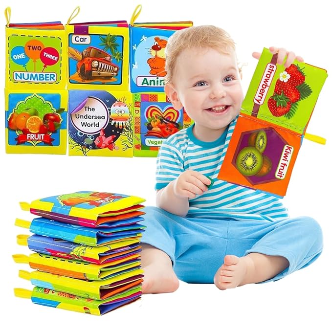 Intellibaby 6-Book Set – Soft Sensory Cloth Books for Babies, Crinkle Sound & Washable, Early Learning Themes Animals,Fruits,Numbers,Non-Toxic & Educator Recommended,Gift for Babies & Toddlers